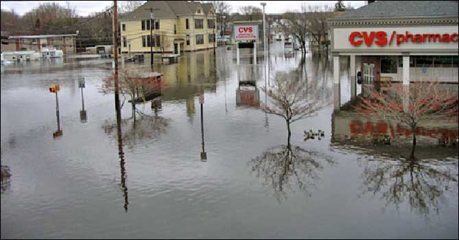 Exterior view of a flooded neighborhood
