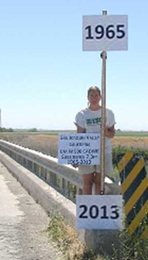 Person holding sign showing ground level decline from 1965 to 2013